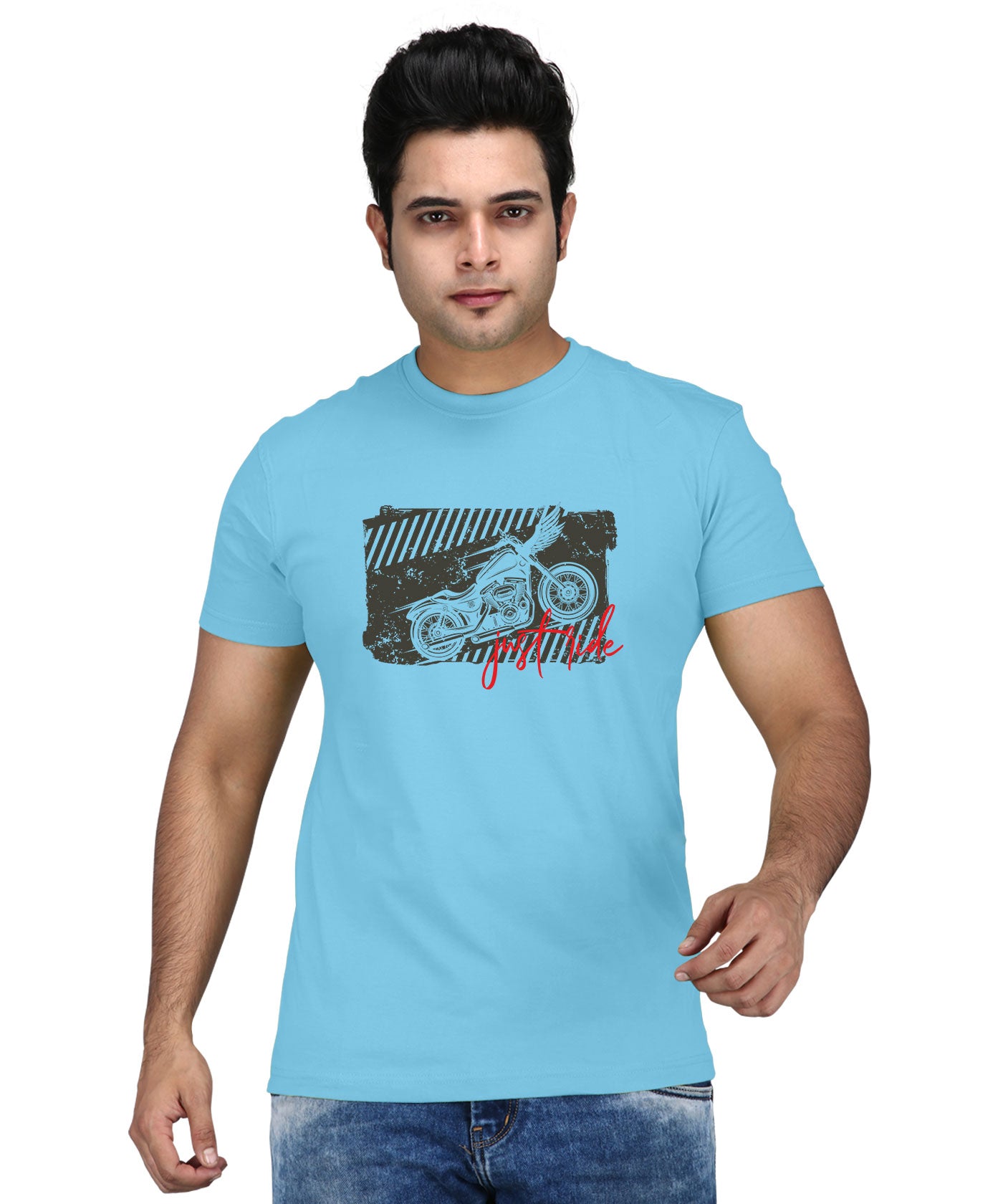 Just Ride - Premium Round Neck Cotton Tees for Men - Sky Blue And White Melange