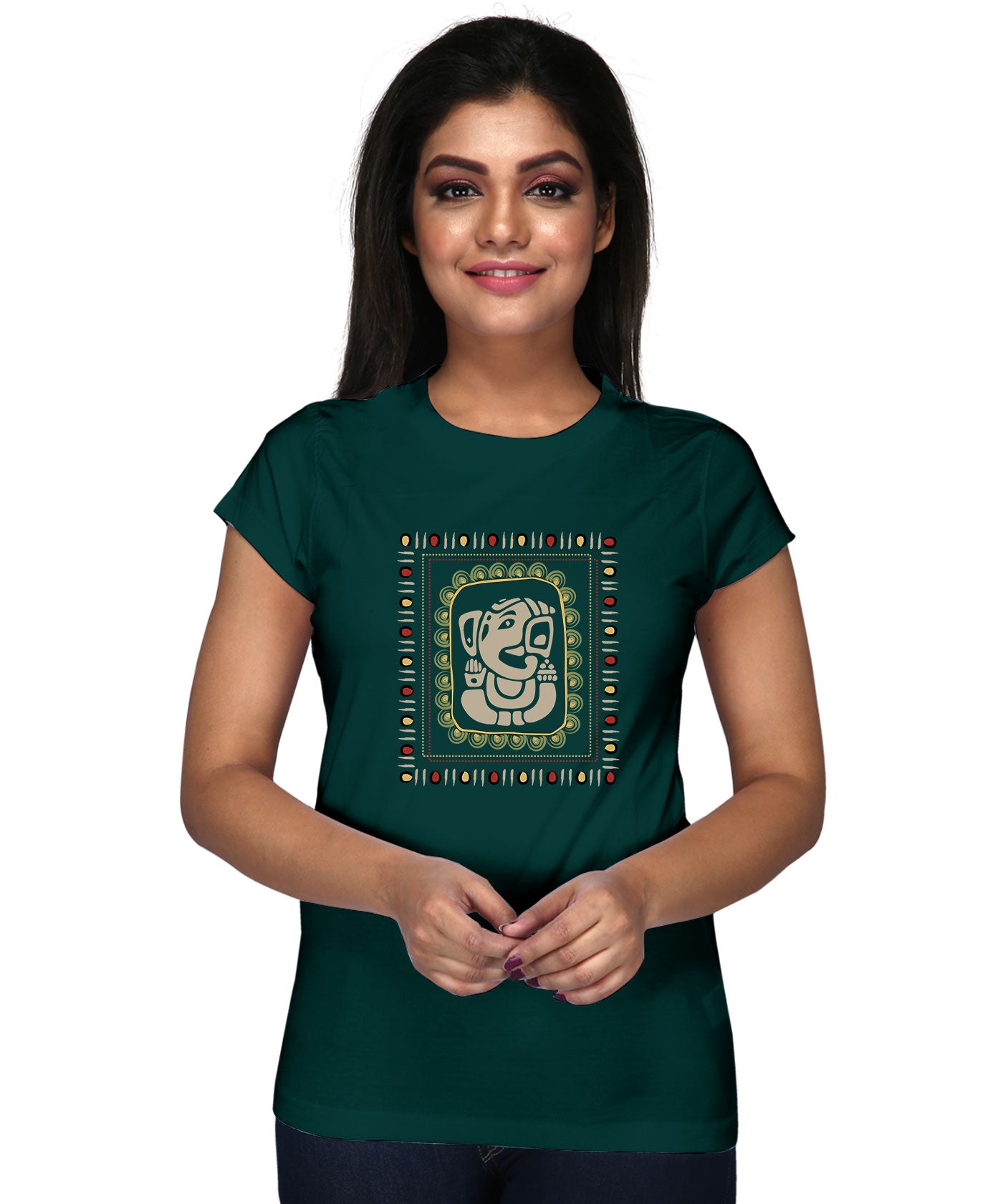 Gaja Ganesha - Premium Round Neck Cotton Tees for Women - Cactus Green