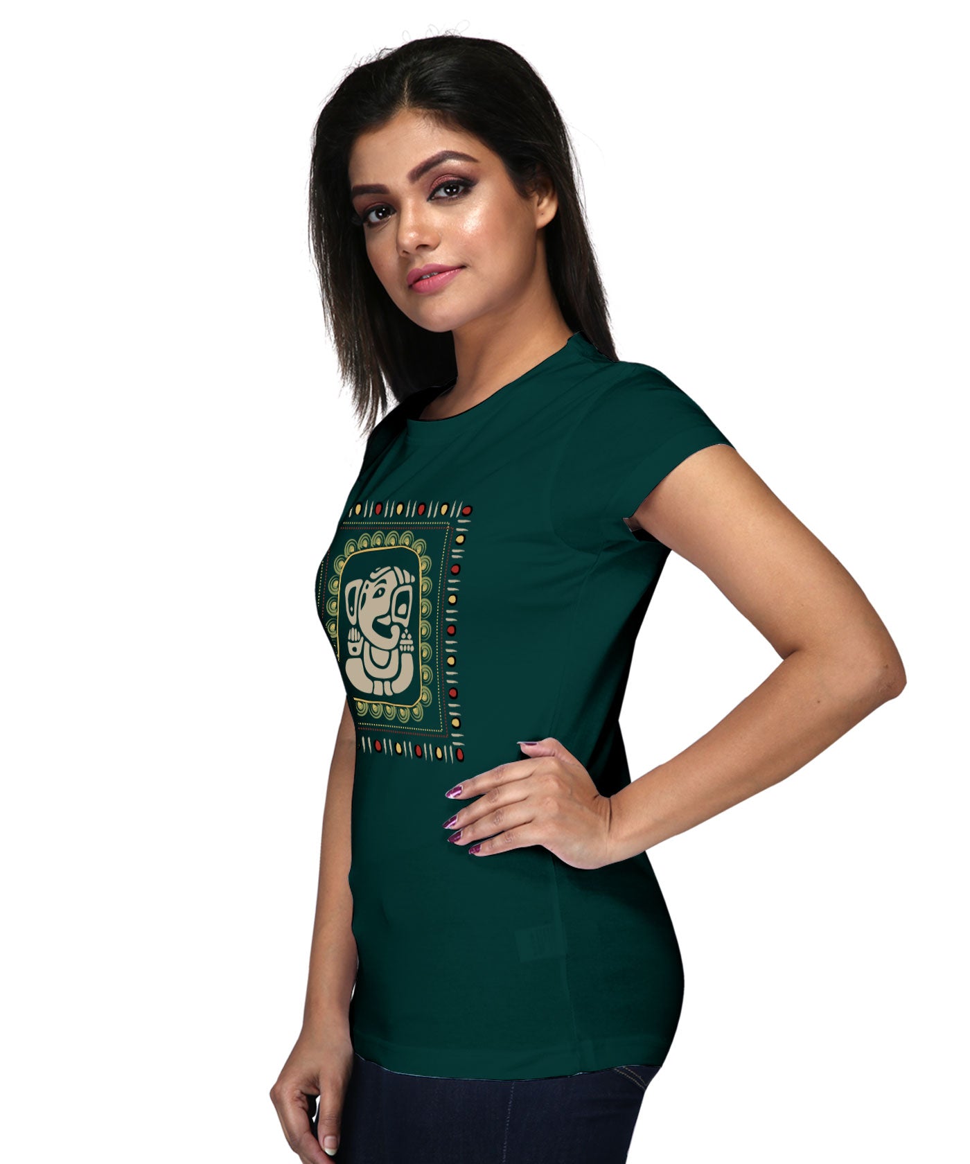 Gaja Ganesha - Premium Round Neck Cotton Tees for Women - Cactus Green